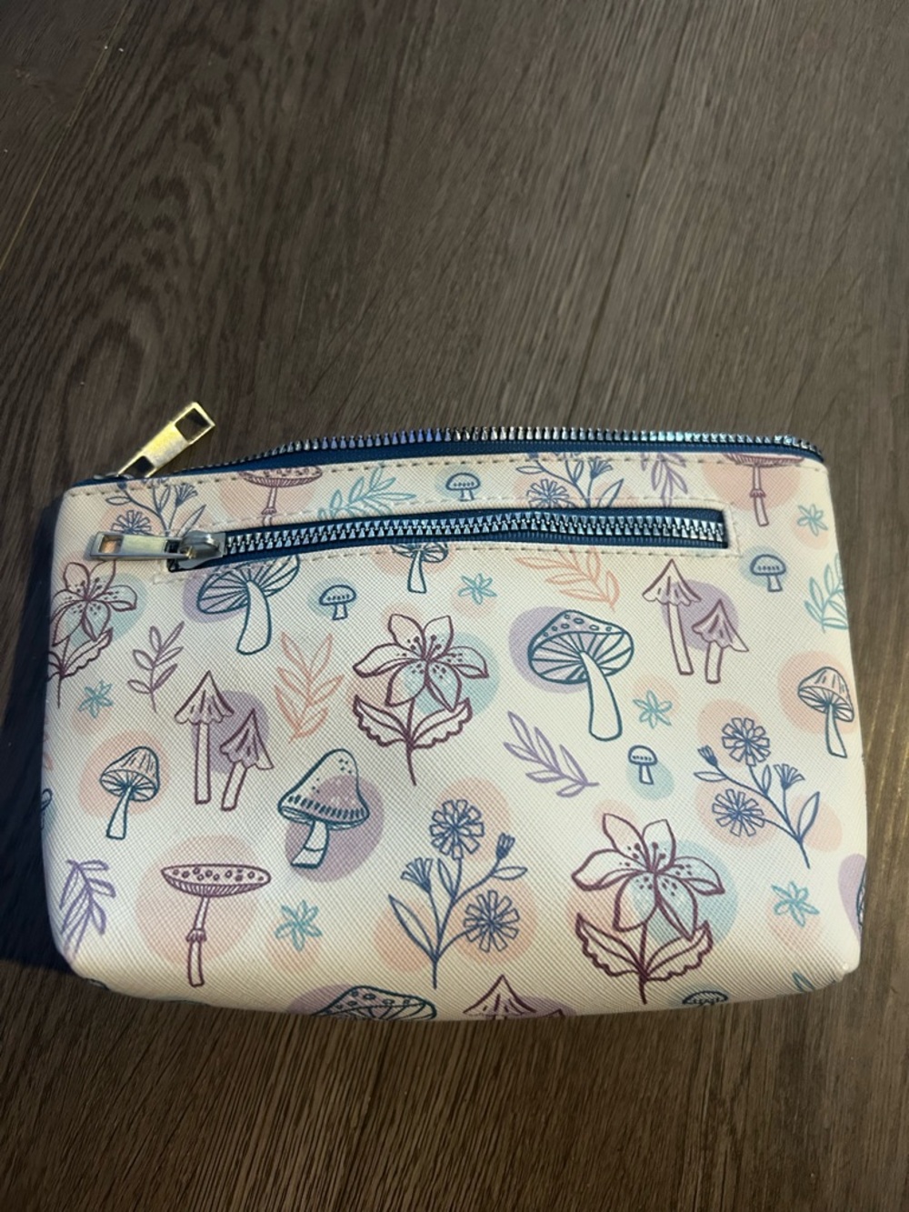 Floral & Mushroom Zip Pouch - Cream with Blue and Purple Accents